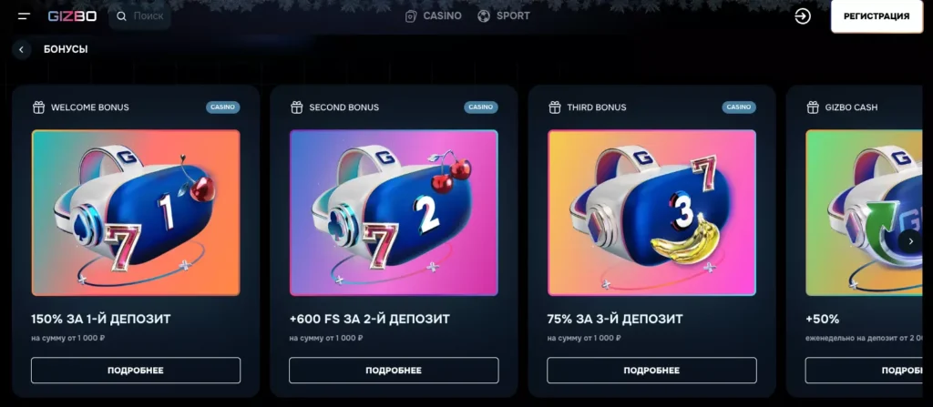 Разновидности бонусов Gizbo Casino